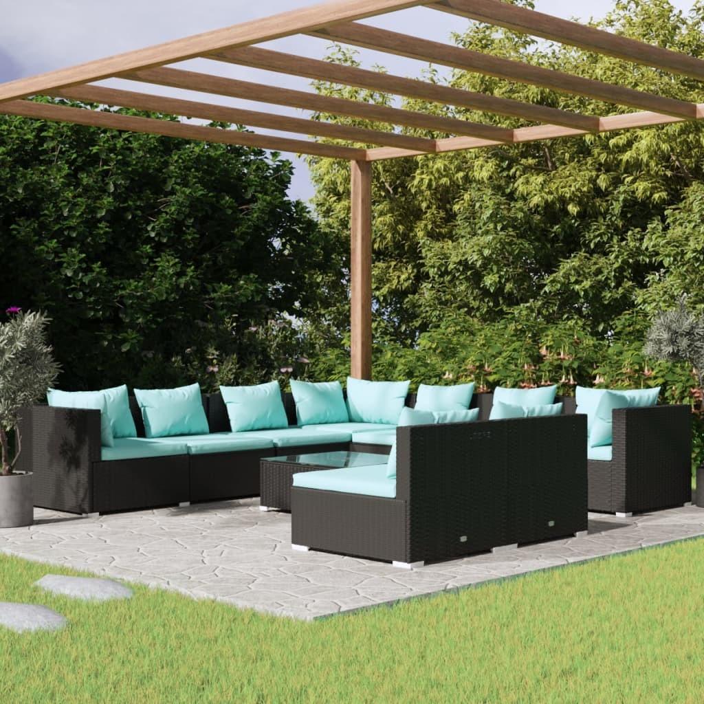 Loungesæt Til Haven 7 Dele Med Hynder Polyrattan Sort Sort Og Aquablå - 3x hjørnedel 6x midterdel bord