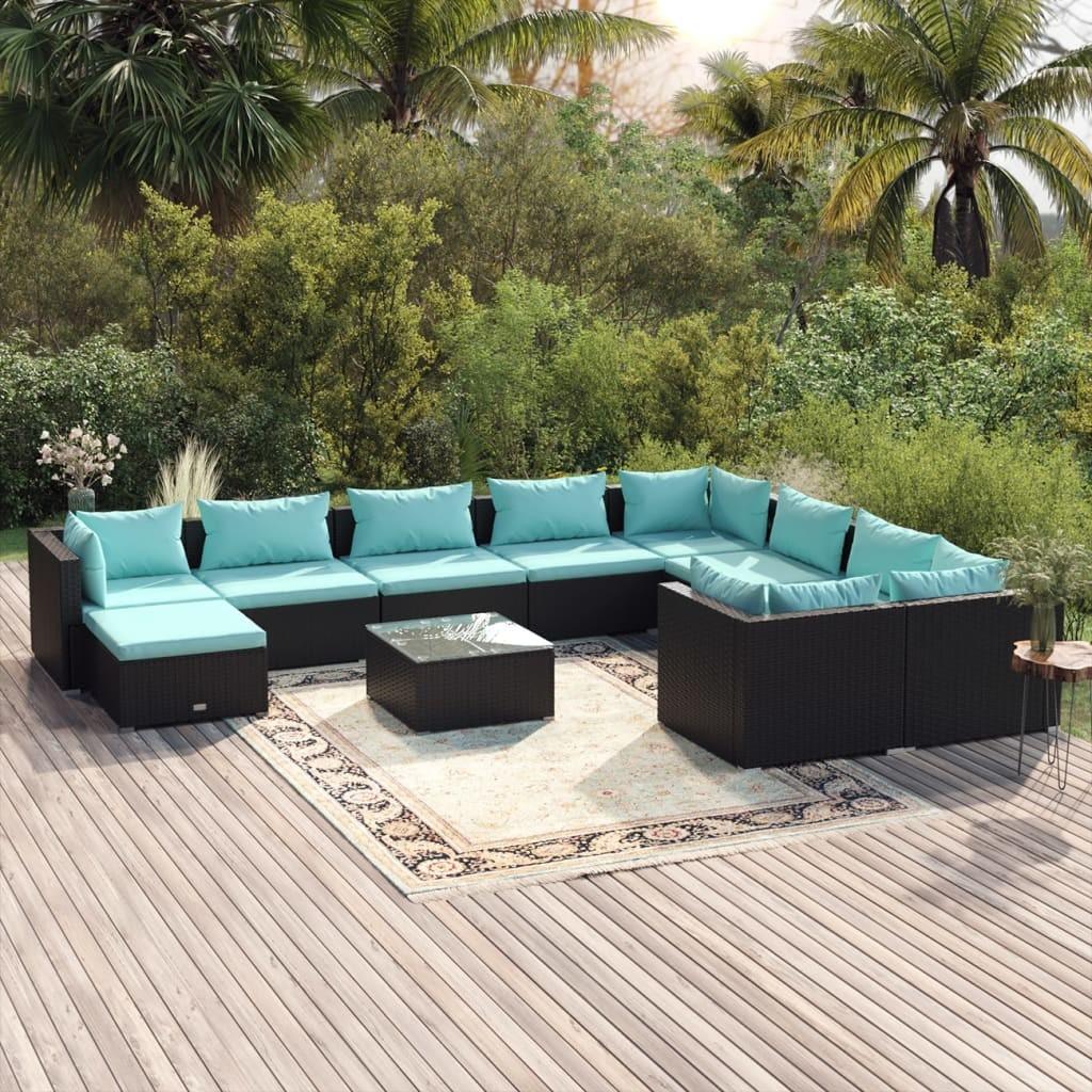 Loungesæt til haven 11 dele med hynder polyrattan sort