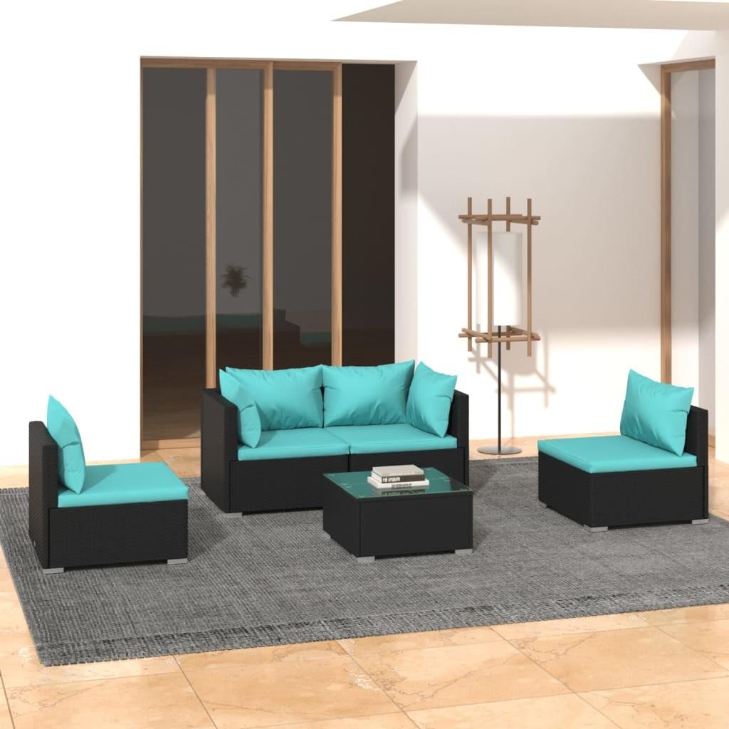 Loungesæt Til Haven 4 Dele Med Hynder Polyrattan Sort Sort Og Aquablå - 2x hjørnedel 2x midterdel bord