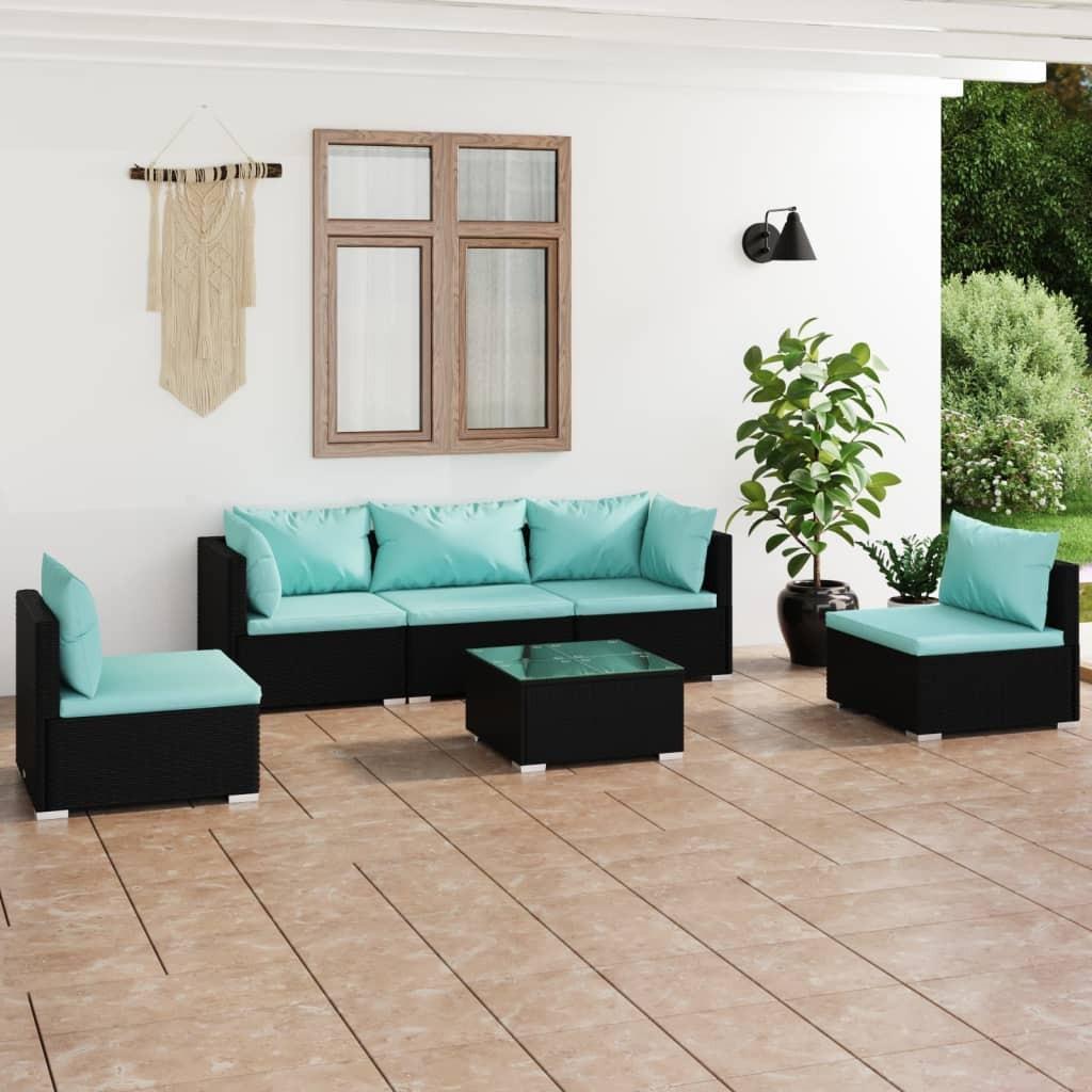 Loungesæt Til Haven 4 Dele Med Hynder Polyrattan Sort Sort Og Aquablå - 2x hjørnedel 3x midterdel bord