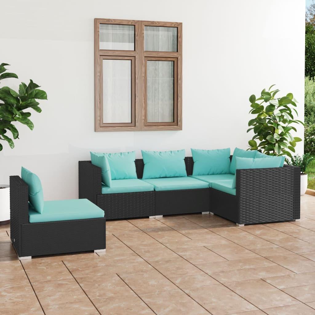 Loungesæt Til Haven 5 Dele Med Hynder Polyrattan Sort - Sort og aquablå / 3x hjørnedel 2x midterdel