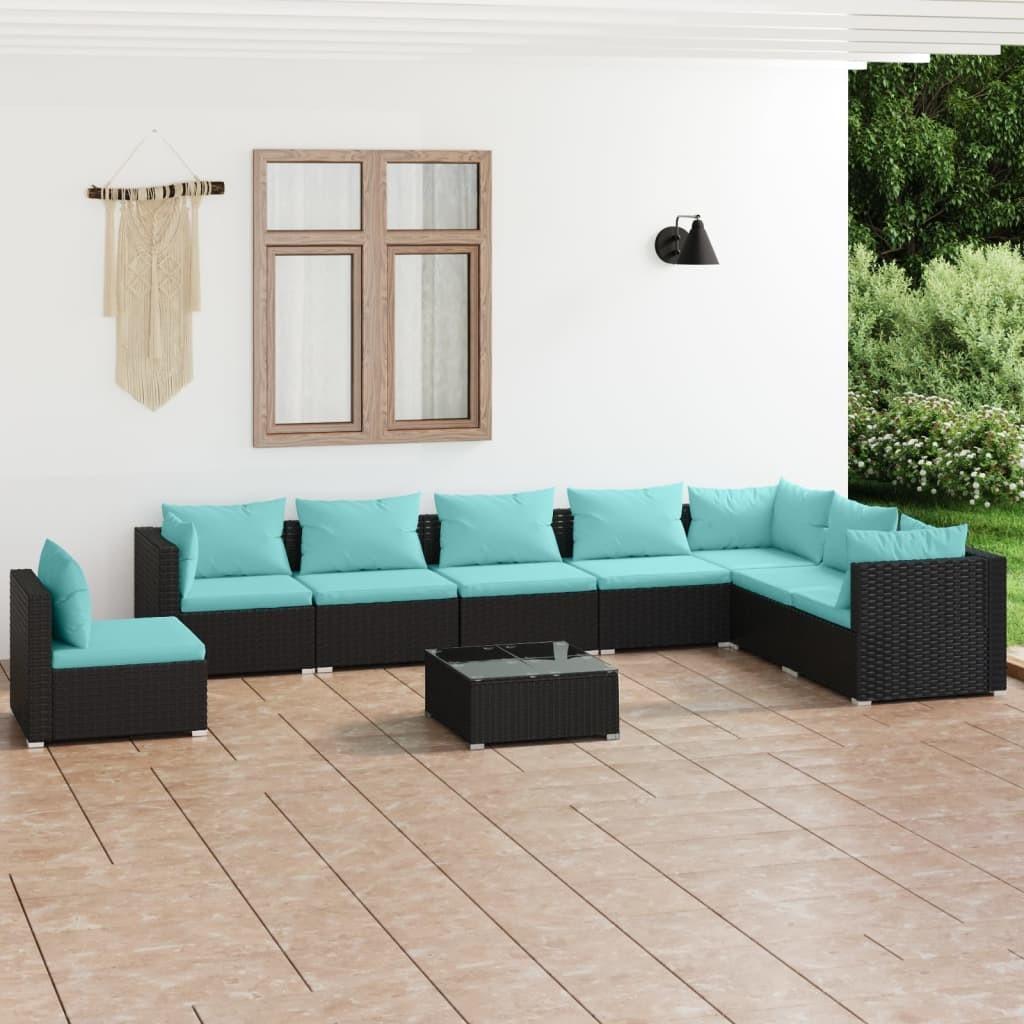 Loungesæt Til Haven 5 Dele Med Hynder Polyrattan Sort - Sort og aquablå / 3x hjørnedel 5x midterdel bord