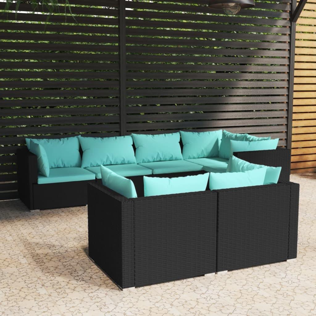Loungesæt Til Haven 7 Dele Med Hynder Polyrattan Sort Sort Og Aquablå - 5x hjørnedel 2x midterdel