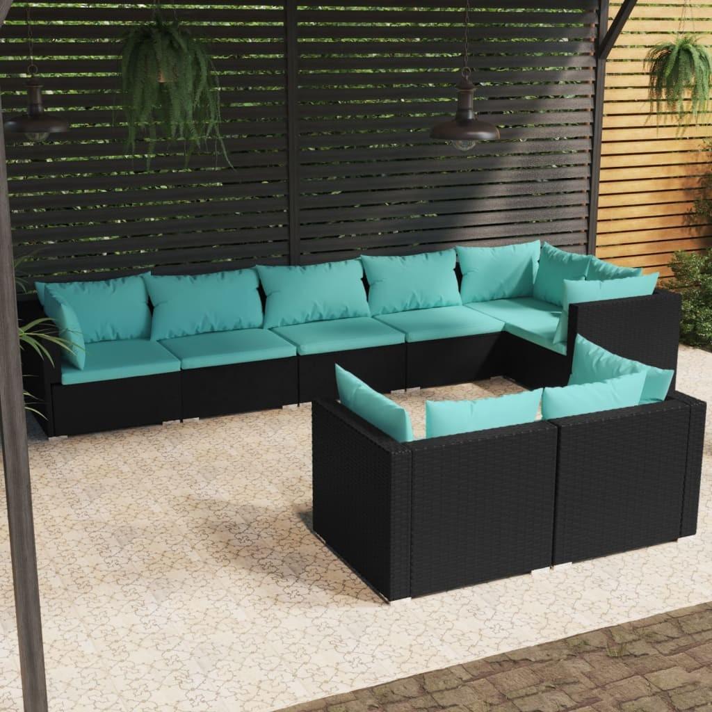 Loungesæt Til Haven 7 Dele Med Hynder Polyrattan Sort Sort Og Aquablå - 5x hjørnedel 3x midterdel