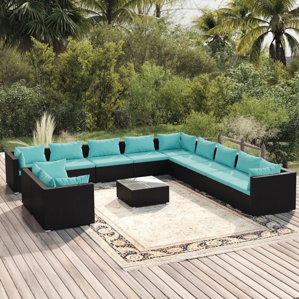 Loungesæt Til Haven 7 Dele Med Hynder Polyrattan Sort Sort Og Aquablå - 5x hjørnedel 6x midterdel bord