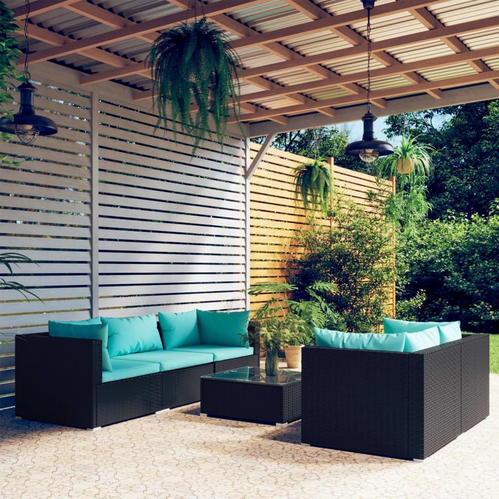 Loungesæt Til Haven 5 Dele Med Hynder Polyrattan Sort - Sort og blå / 4x hjørnedel midterdel bord