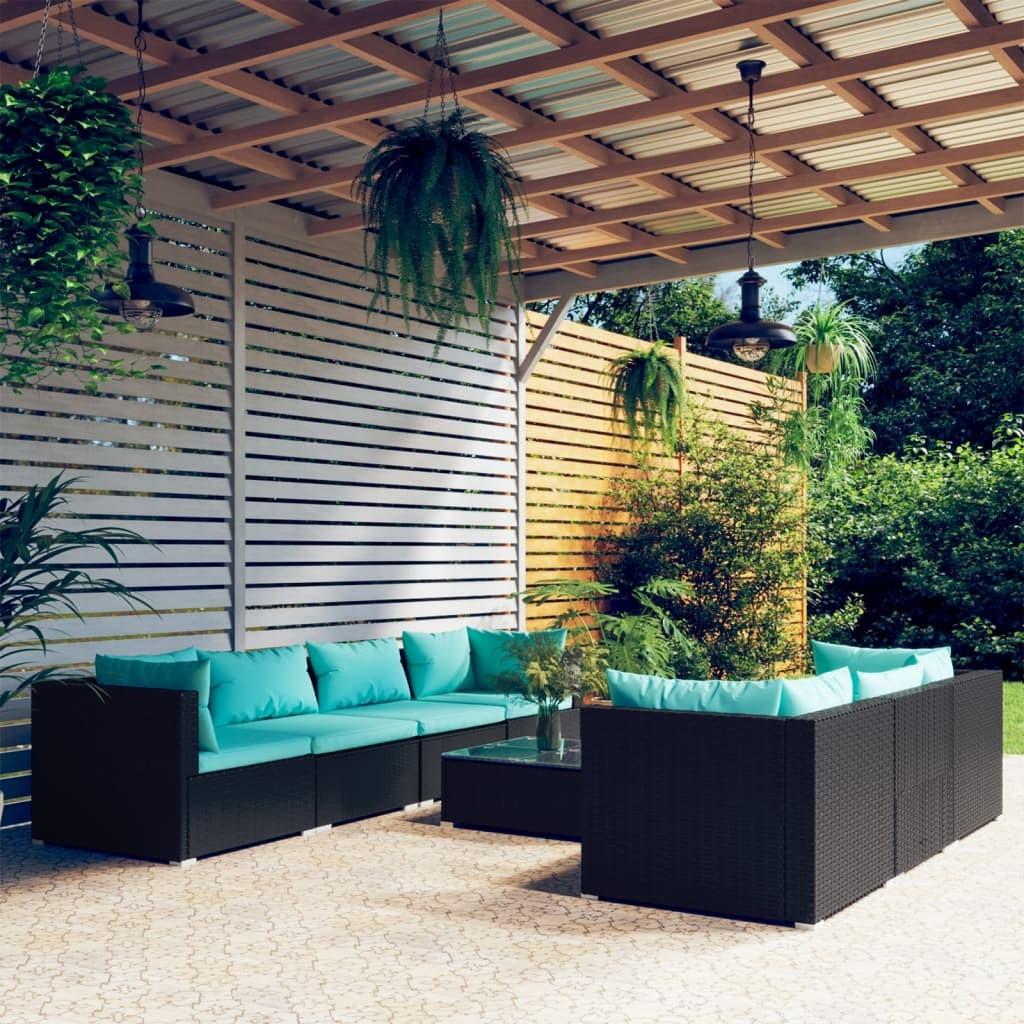 Loungesæt Til Haven 5 Dele Med Hynder Polyrattan Sort - Sort og blå / 4x hjørnedel 3x midterdel bord