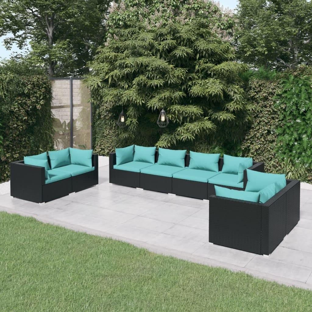 Loungesæt Til Haven 4 Dele Med Hynder Polyrattan Sort Sort Og Aquablå - 6x hjørnedel 2x midterdel