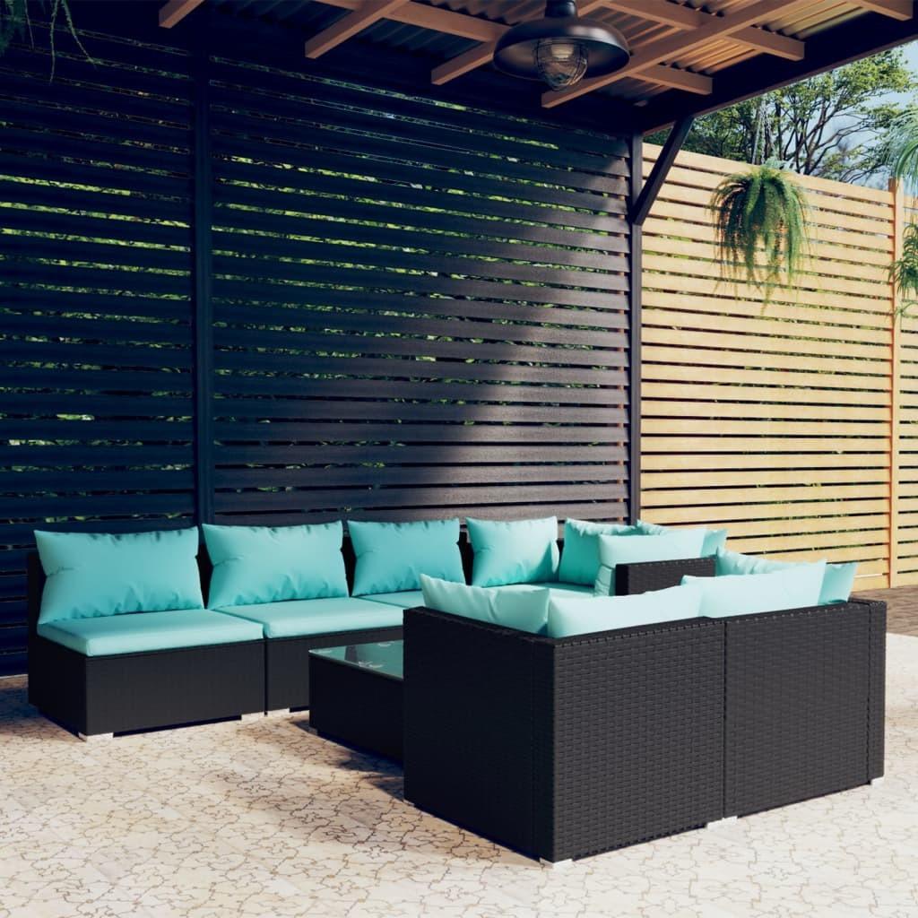 Loungesæt Til Haven 7 Dele Med Hynder Polyrattan Sort Sort Og Aquablå - 4x hjørnedel 3x midterdel bord