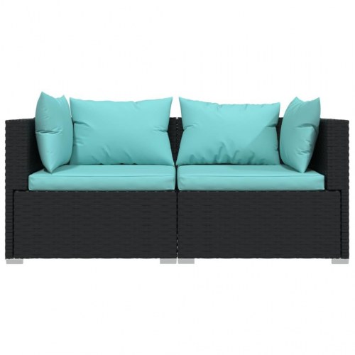 2-personers havesofa i sort polyrattan med akvamarinblå hynder