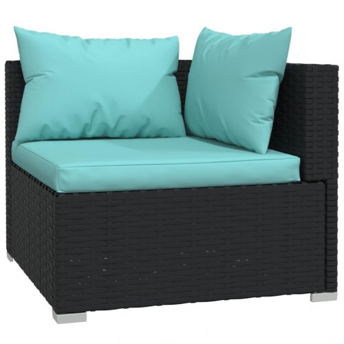 2-personers havesofa i sort polyrattan med akvamarinblå hynder