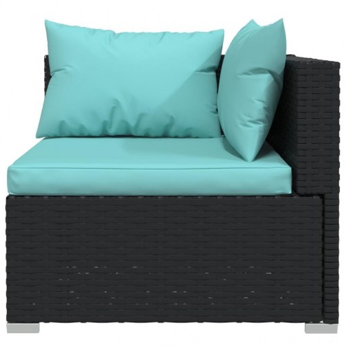 2-personers havesofa i sort polyrattan med akvamarinblå hynder
