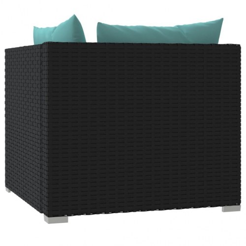2-personers havesofa i sort polyrattan med akvamarinblå hynder