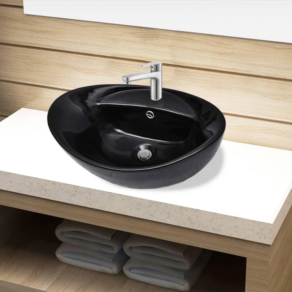 Billede af Keramisk badeværelsesvask basin vandhane/overfyldningshul sort oval