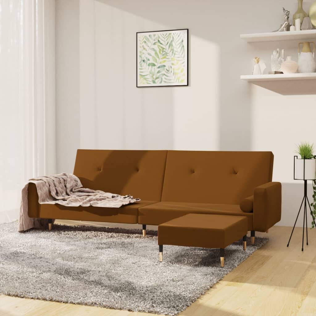 2-personers sovesofa med fodskammel fløjl brun