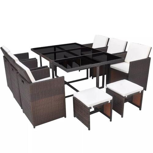 Udendørs spisebordssæt 11 dele med hynder polyrattan brun