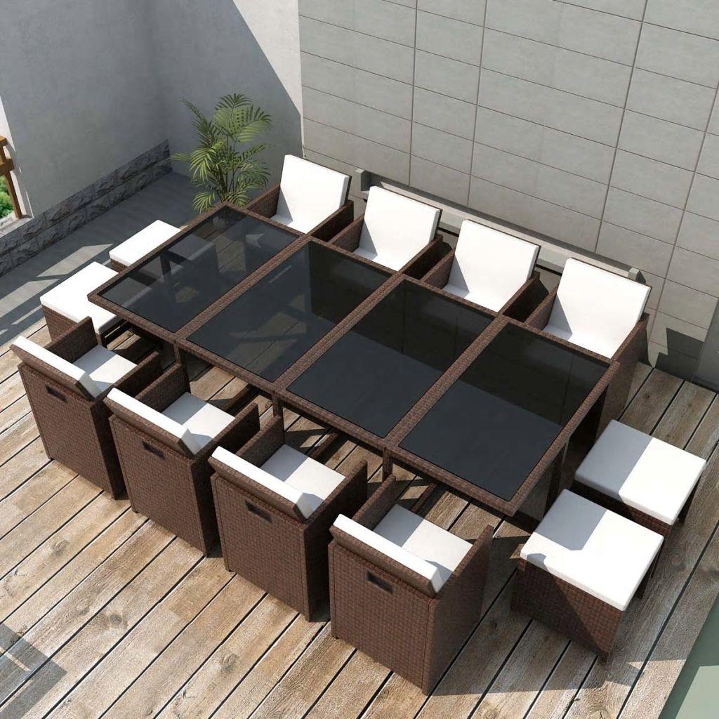 Udendørs spisebordssæt 13 dele med hynder polyrattan brun