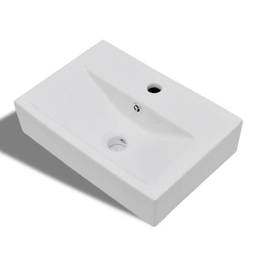 Keramisk håndvask overløb hanehul firkantet hvid