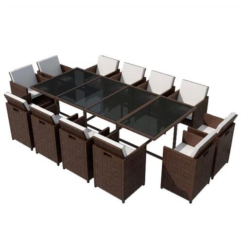 Udendørs spisebordssæt 13 dele med hynder polyrattan brun