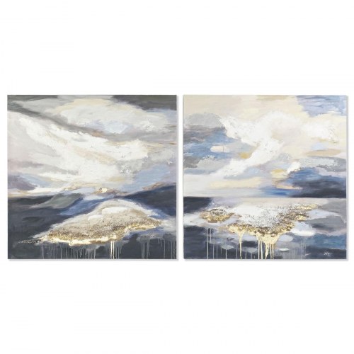 Lærredsmaleri i fyrretræ - 100 × 3,5 × 100 cm, abstrakt blå/guld