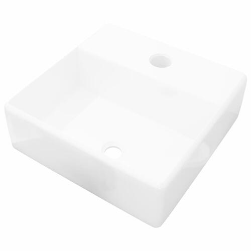 Keramisk håndvask med vandhanehul hvid firkantet