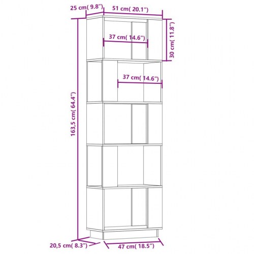 Bogreol/rumdeler 51x25x163,5 cm massivt fyrretræ