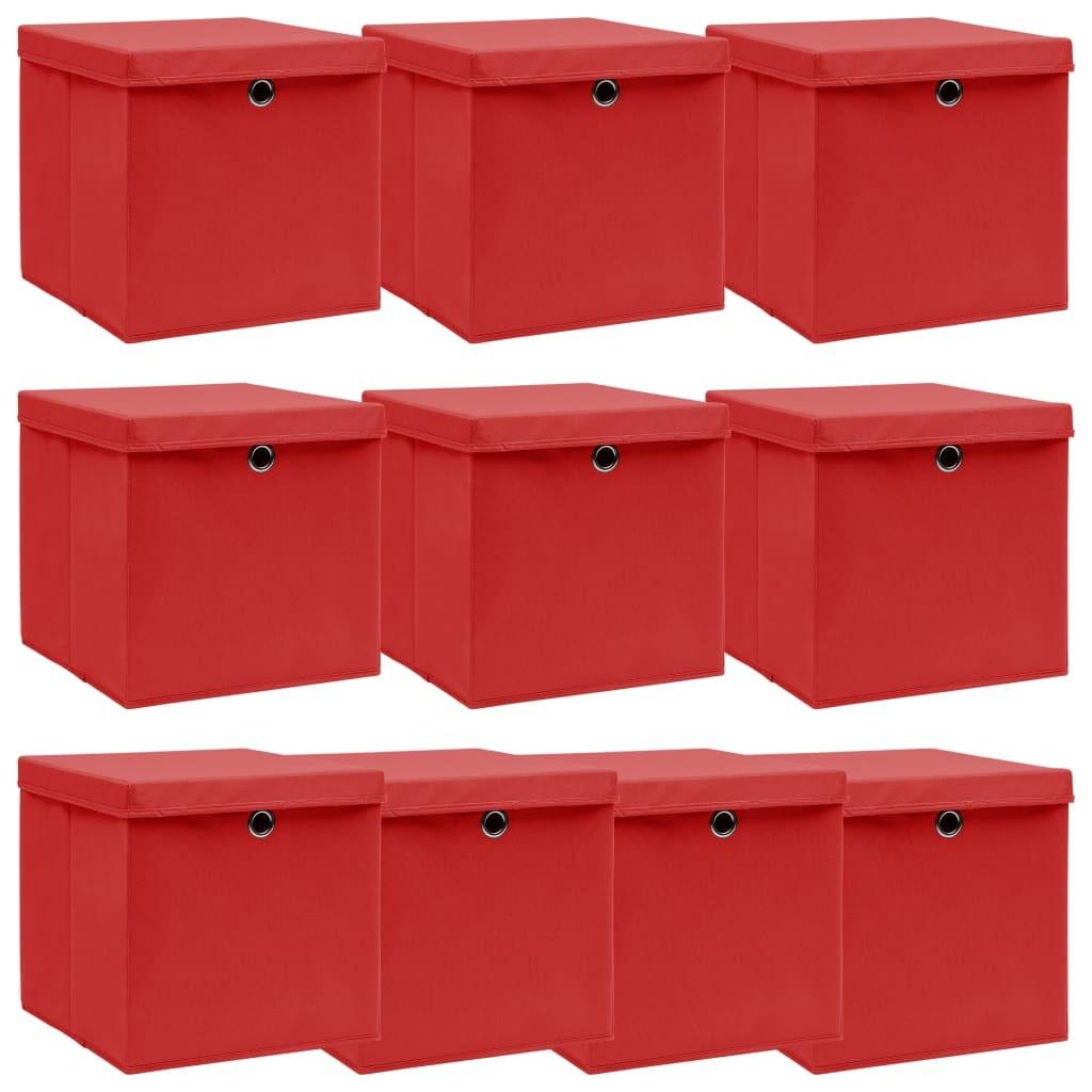 Opbevaringskasser med låg 10 stk. 32x32x32 stof rød