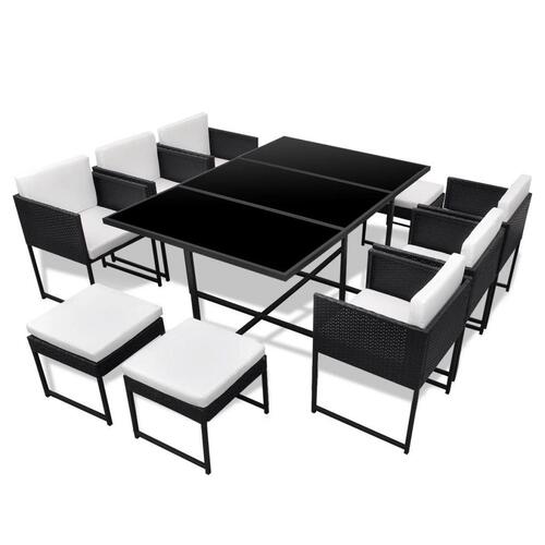 Udendørs spisebordssæt 11 dele med hynder polyrattan sort
