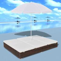 Loungeseng med parasol polyrattan brun