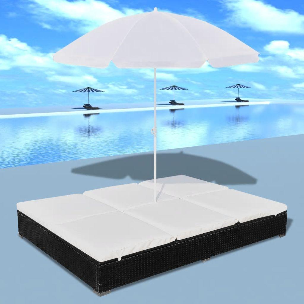 Loungeseng med parasol polyrattan sort