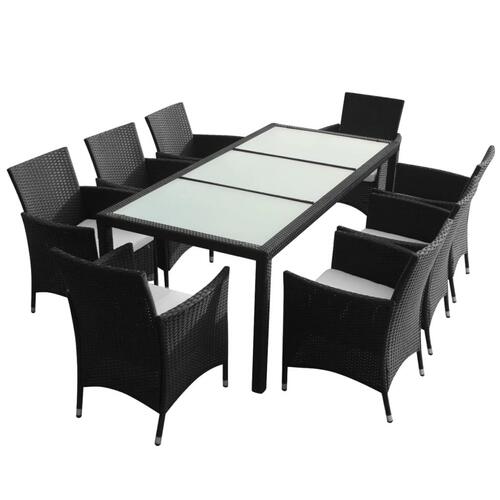 Udendørs spisebordssæt 9 dele med hynder polyrattan sort