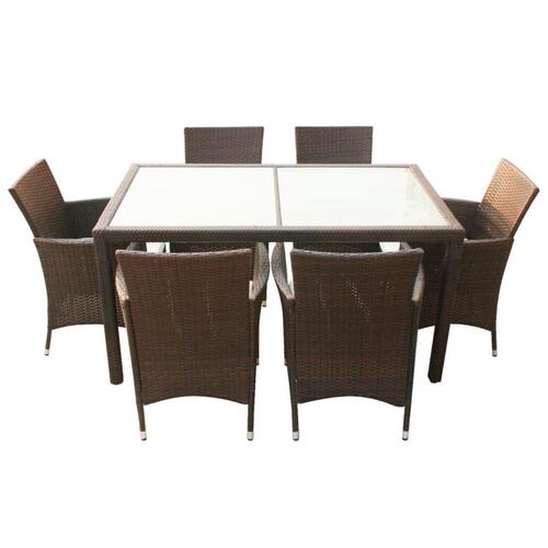 Udendørs spisebordssæt 7 dele med hynder polyrattan brun