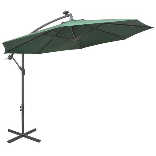 Hængende parasol med LED-belysning 300 cm grøn metalstang
