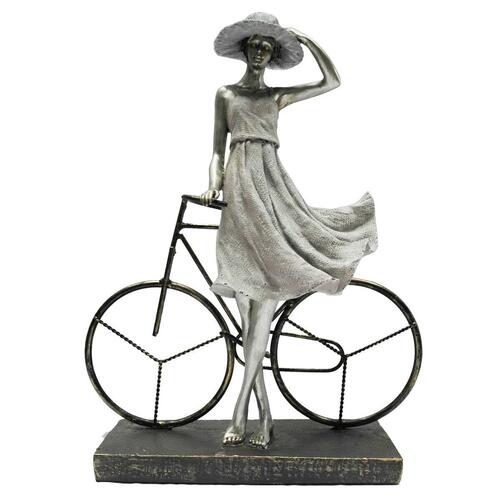 Dekorativ figur Dame Sølvfarvet Cykel Metal Harpiks (27,5 x 9,5 x 34,5 cm)