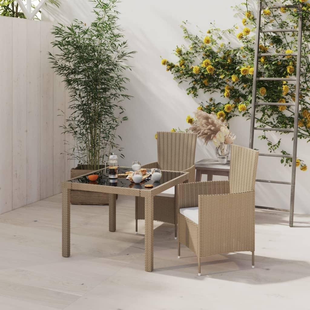 Udendørs spisebordssæt 3 dele med hynder polyrattan beige