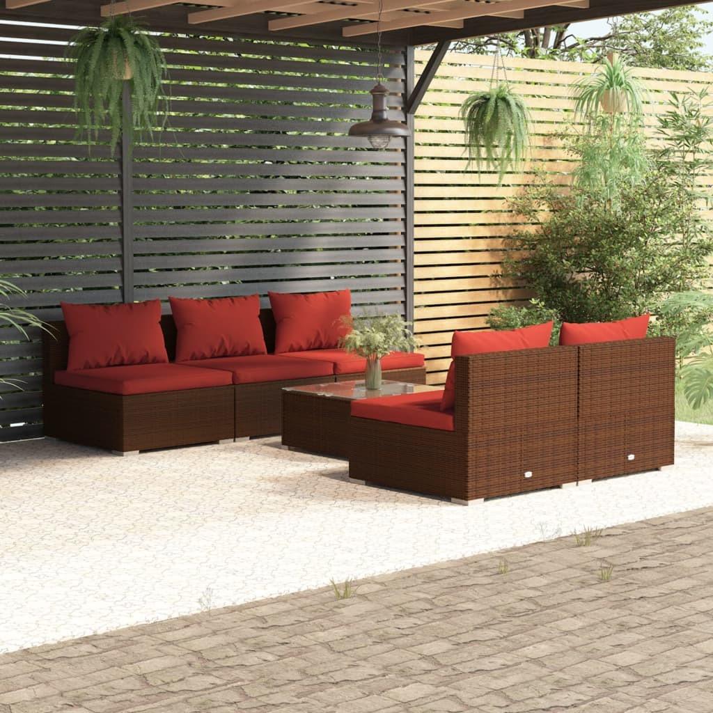 Loungesæt Til Haven 5 Dele Med Hynder Polyrattan Sort - Brun og rød / 5x midterdel bord