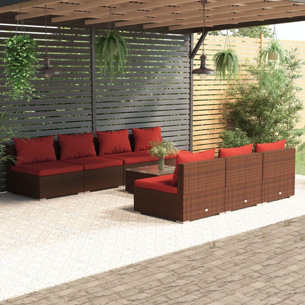 Loungesæt Til Haven 5 Dele Med Hynder Polyrattan Sort - Brun og rød / 7x midterdel bord