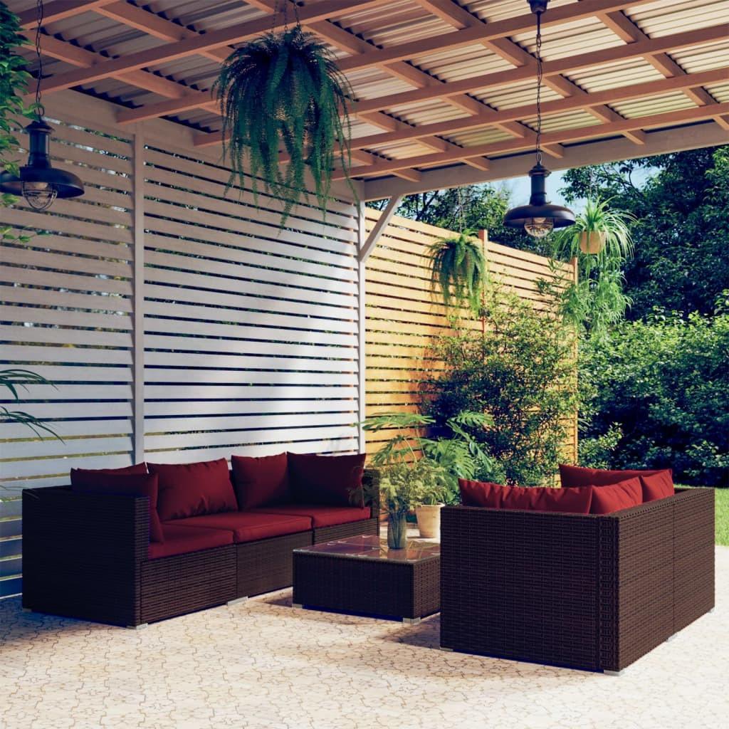 Loungesæt Til Haven 5 Dele Med Hynder Polyrattan Sort - Brun og rød / 4x hjørnedel midterdel bord