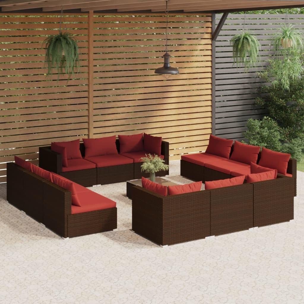 Loungesæt Til Haven 5 Dele Med Hynder Polyrattan Sort - Brun og rød / 4x hjørnedel 8x midterdel bord