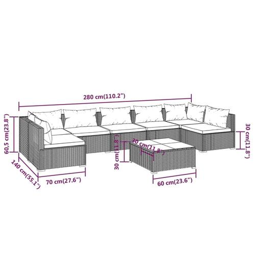 Loungesæt til haven 8 dele med hynder polyrattan grå