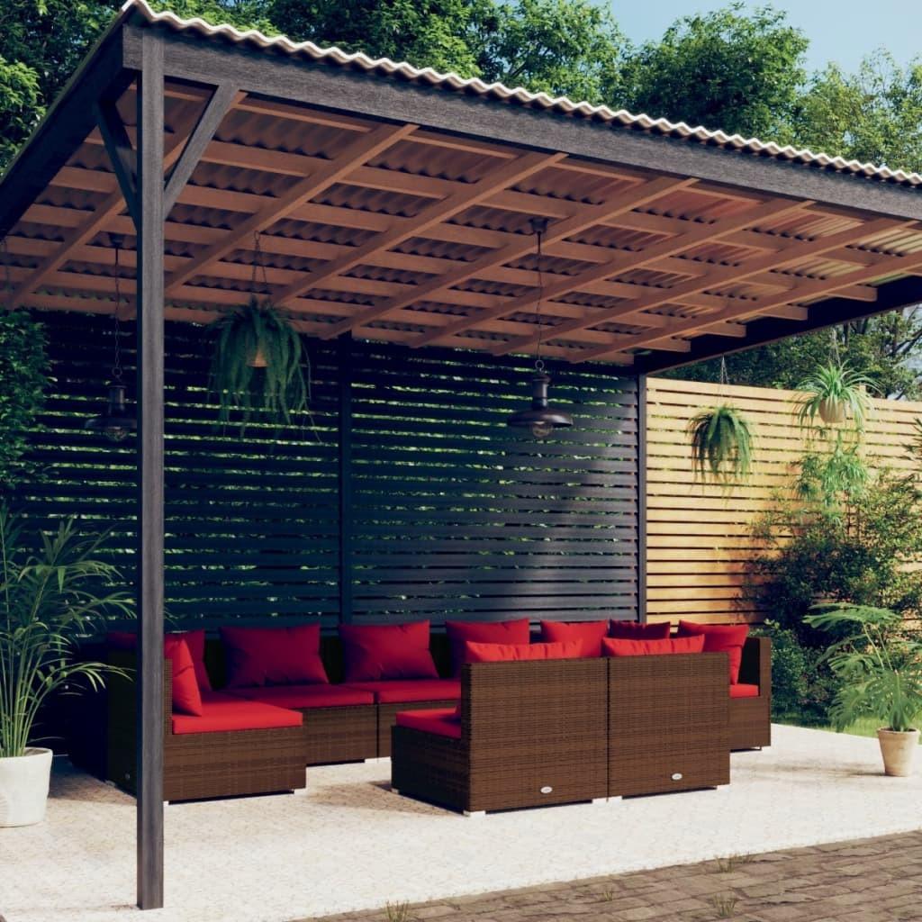 Loungesæt til haven 9 dele med hynder polyrattan brun