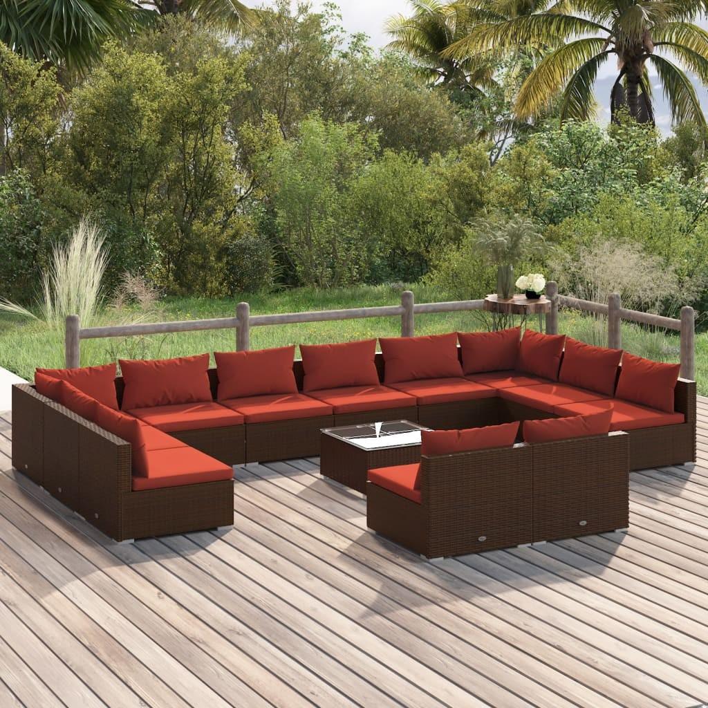 Loungesæt Til Haven 9 Dele Med Hynder Polyrattan Brun Brun Og Kanelfarvet - 2x hjørnedel 10x midterdel bord