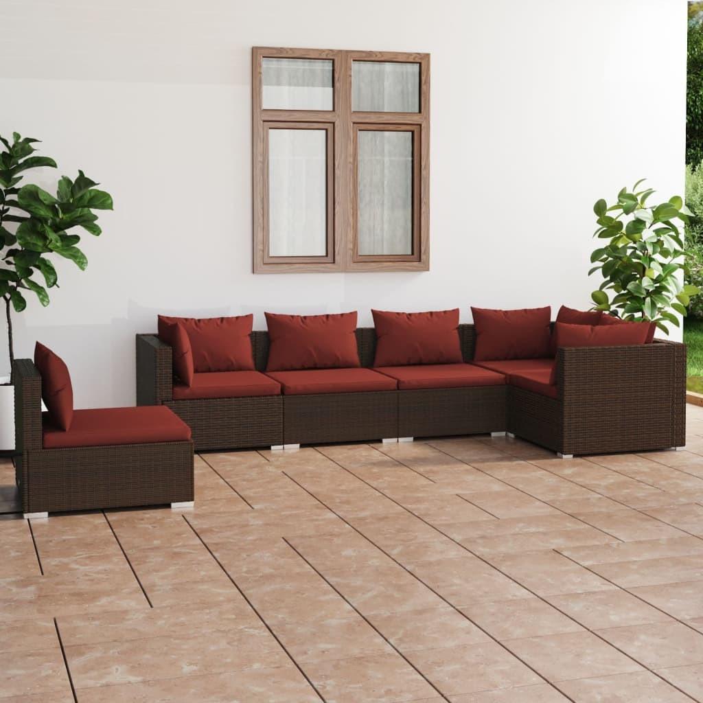 Loungesæt Til Haven 5 Dele Med Hynder Polyrattan Sort - Brun og kanelfarvet / 3x hjørnedel 3x midterdel