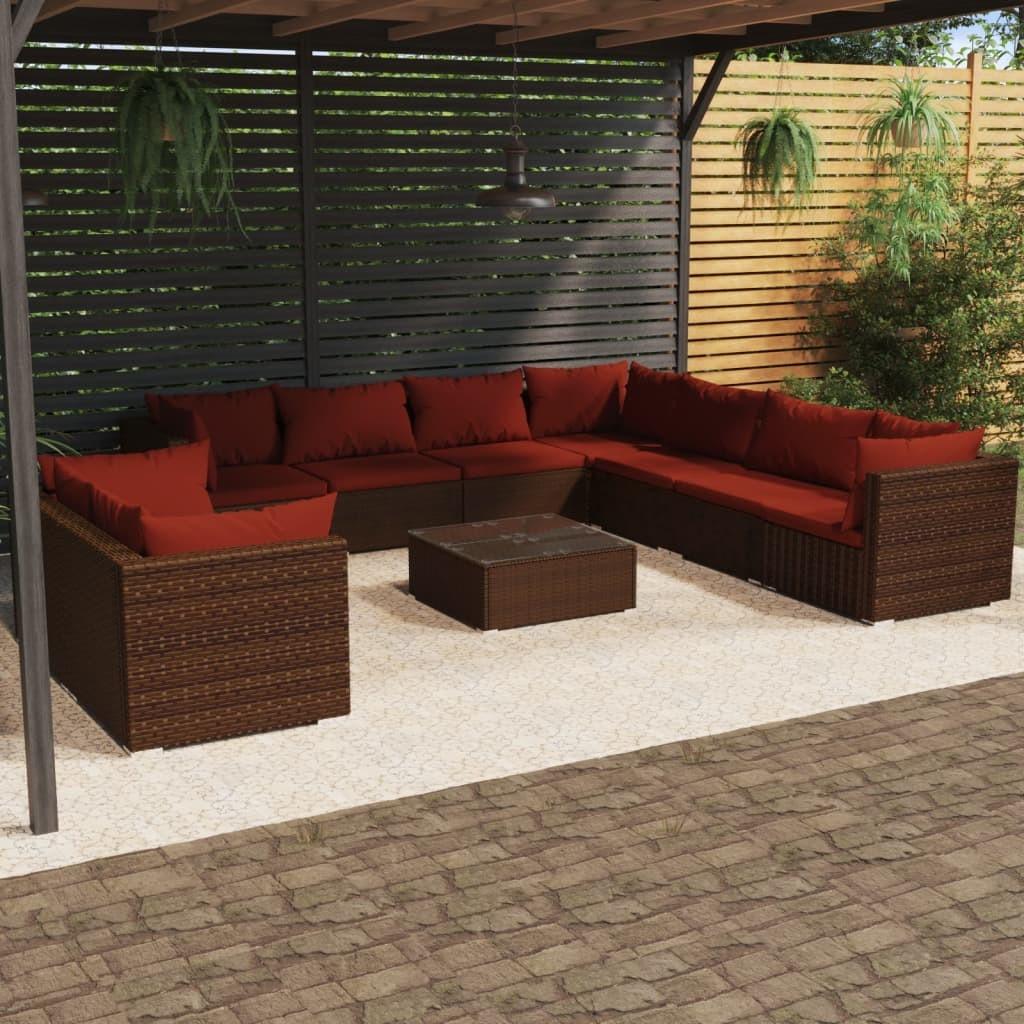 Loungesæt Til Haven 7 Dele Med Hynder Polyrattan Brun Brun Og Kanelfarvet - 5x hjørnedel 4x midterdel bord