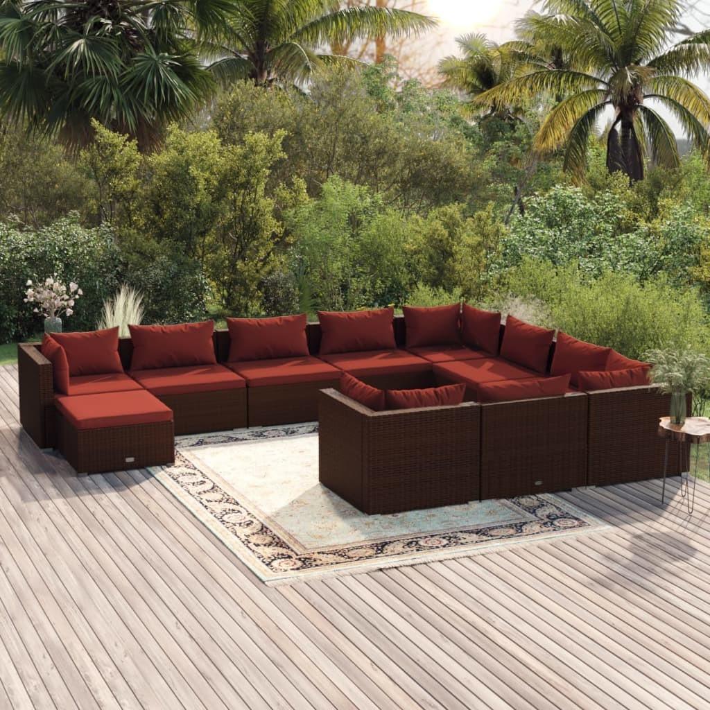 Loungesæt til haven 11 dele med hynder polyrattan brun
