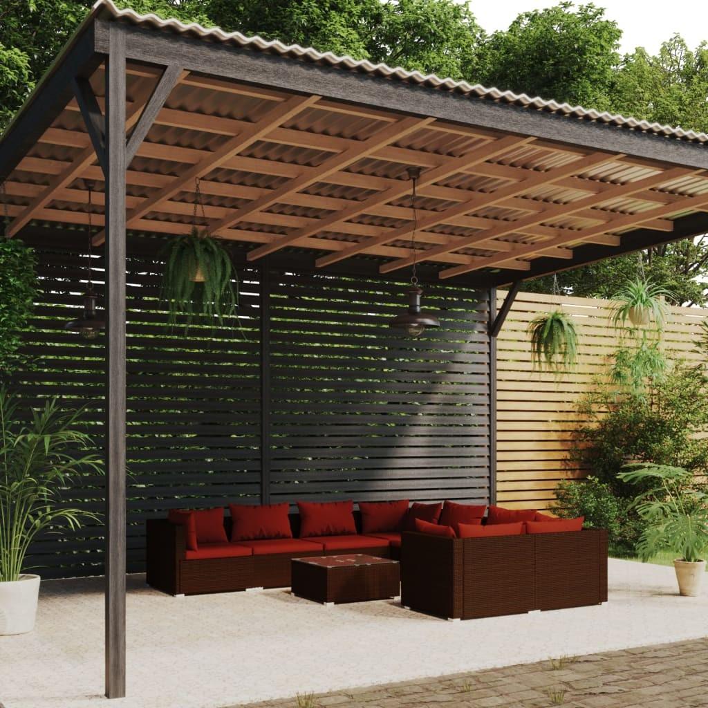 Loungesæt til haven 9 dele med hynder polyrattan brun