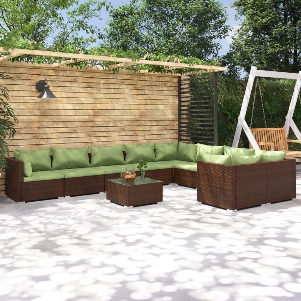 Loungesæt til haven 10 dele med hynder i polyrattan - brun/grøn