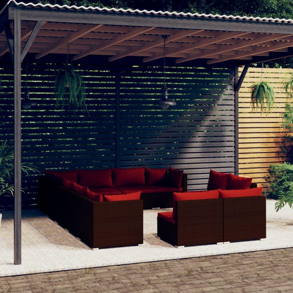 Loungesæt til haven 12 dele med hynder i polyrattan - brun/kanelrød