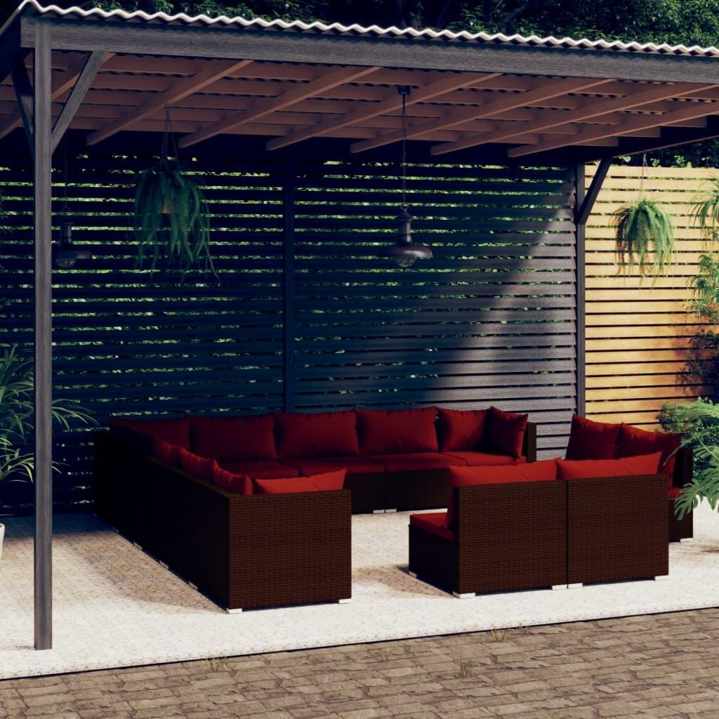 vidaXL loungesæt til haven 13 dele med hynder polyrattan brun