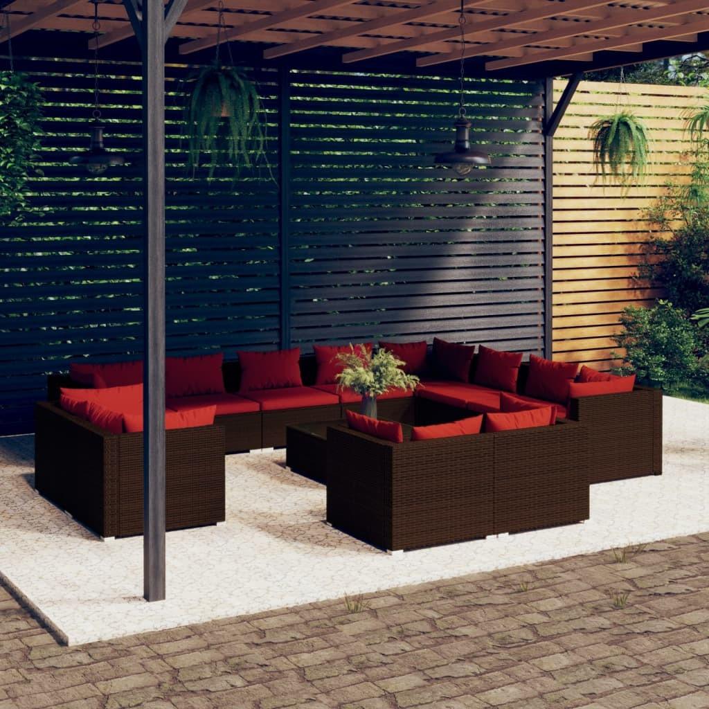 Loungesæt til haven 13 dele med hynder i polyrattan - brun/kanelrød